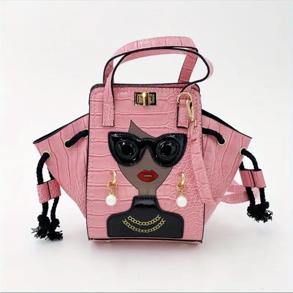She_Stylish Handbags - Pink Croco Embossed Handbag with Fashionista Face 👛
